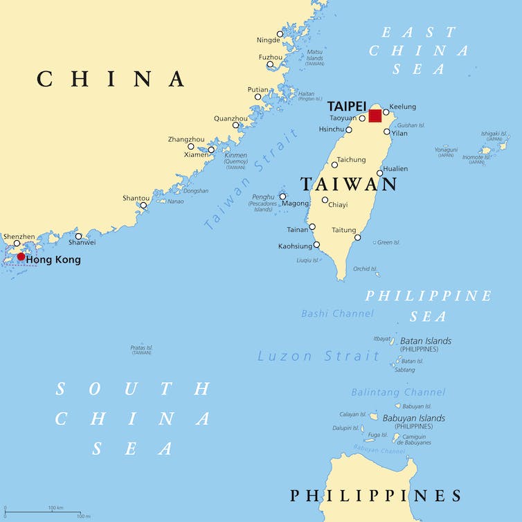 Une carte bleue et jaune de la Chine et de Taiwan.